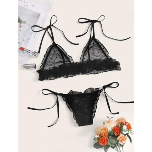 2020 New Bra set Sexy Bandage Bikini Lingerie Cute Dot Mesh Sheer Lingerie set Womens Underwear Three-Point Suit Sexy Lingerie