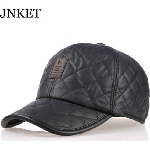 JNKET Autumn and Winter Mens Baseball Cap Outdoor Sports Earflaps Windproof Hat Leather Label and Brim Cap Grid Fabric Hat