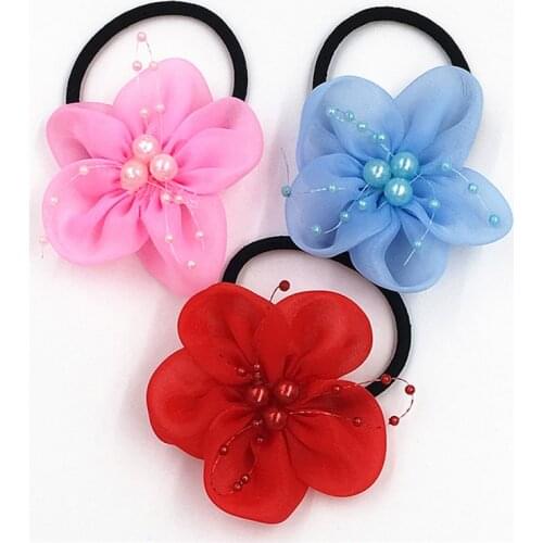 2pcs/lot Hot sale girl Hair circle cute Trendy Hair bands chiffon pearl flower elastic Hair Rope Hair Accessories for girls
