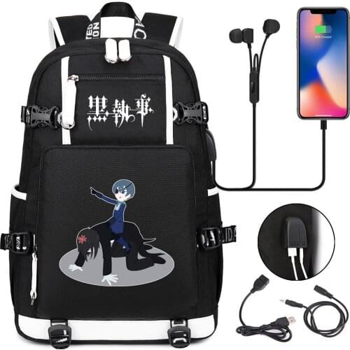 Anime Black Butler Backpack School Bags For Teenagers Cartoon Unisex Bookbag Zipper Student USB Travel Laptop Shoulders Bags