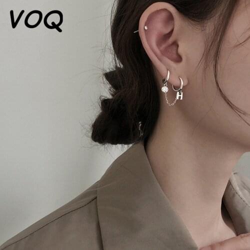 VOQ 925 Sterling Silver Double Ear Hole Hoop Earrings Zircon Circle Letter Tassel Chain Earrings Female Jewelry