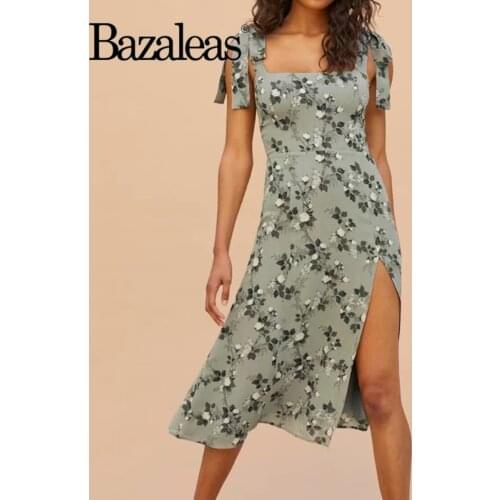Chiffon Tank Girl Dresses Green Floral Print Vestidos Adjust Spaghetti Strap Women Split Summer Dress Vintage