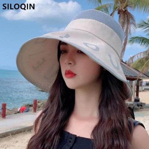 SILOQIN Multicolor Womens Breathable Mesh Cap Panama Bucket Hat New Summer Oversized Brim Sunscreen Travel Cap Female Beach Hat