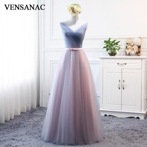 VENSANAC V Neck Bow Sash 2020 Tulle Long Evening Dresses Elegant A Line Lace Pleat Backless Party Prom Gowns