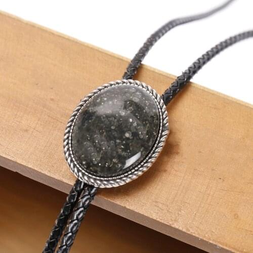 Vintage Western Cowboy Mens BOLO Tie Slide Clip Black Gemstone Copper Rope