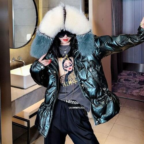 Big real fox Fur Winter down Parka Women 2020 Glossy Hooded Jackets big Size Warm Thick Gold Parka Loose Coat Women Jacket YR02