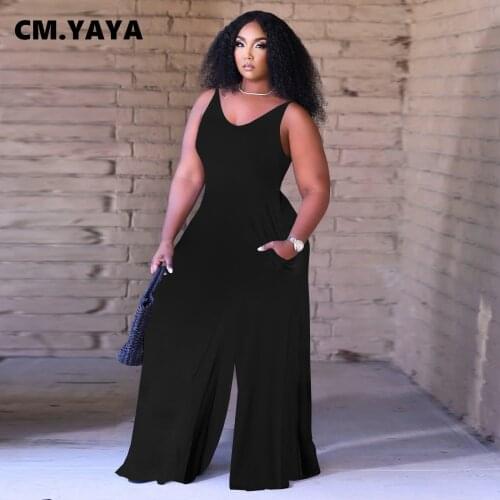 CM.YAYA Plus Size Straight Sleeveless Tank Womens Jumpsuit for Basic Classic High Waist Solid Romper Playsuits