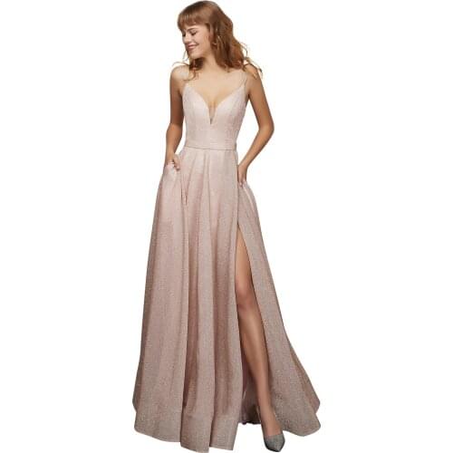 Elegant Spagehtti Giltter Long Mermaid V-Neck Evening Dresses with Slit Floor Length Pink Formal Prom Party Dresses for Women