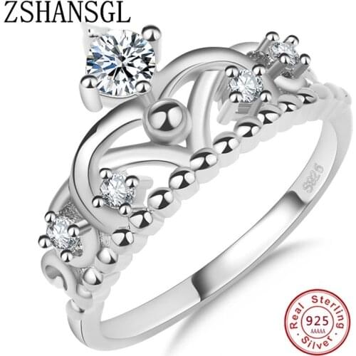 Fashion 925 Silver filled Zircon Princess Crown Finger Ring Classic Stackable Jewelry For Women Wedding Rings Christmas Gift