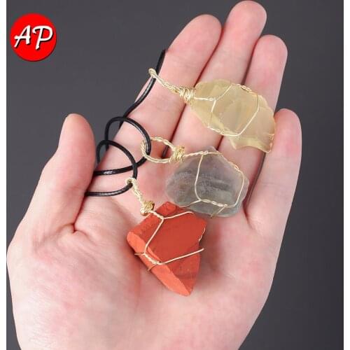 1pc Natural rough Crystal Stone Pendant Necklaces Gold-color Quartz Wire Wrapped Necklace Womens