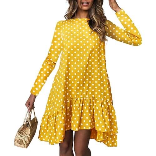 Women Dresses Fashion Polka Dot Print Long Sleeve Irregular Ruffle Hem Mini Loose Dress Womens Clothing 2021