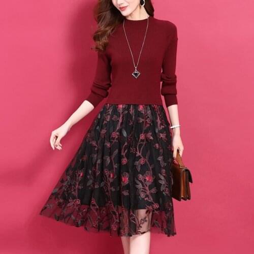 Spring Fall Fashion Women Red Black Mesh Patchwork Jacquar Floral Dress , Female Woman Slim Flower Embroidery 2 Pieces Dress