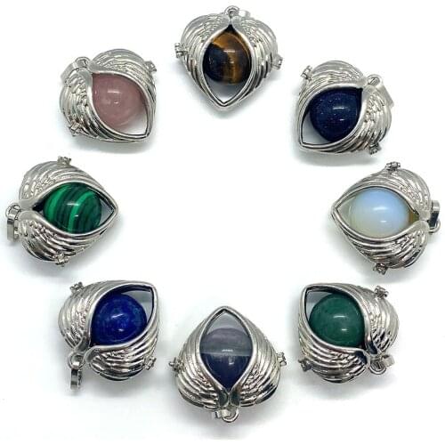 1pcs Natural Stone Pendant Copper Wrapped Stone Ball Retro Double Angel Wing Pendant Jewelry DIY Necklace Bracelet Accessories