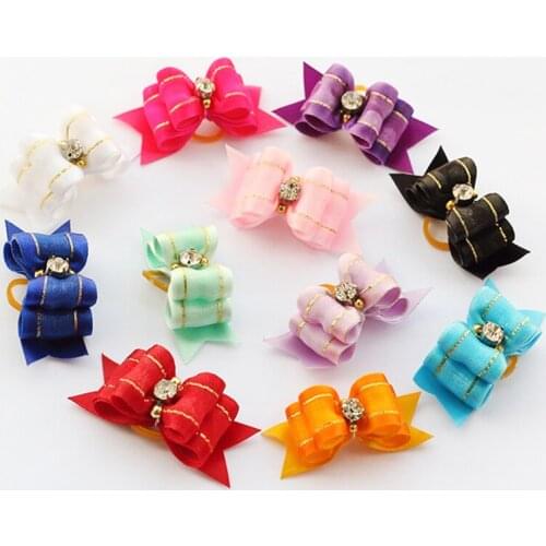 100PC/Lot Handmade Dog Accessories Bling Dog Grooming Bows Rubber Bands Colorful Dog Bows Pet Supplies