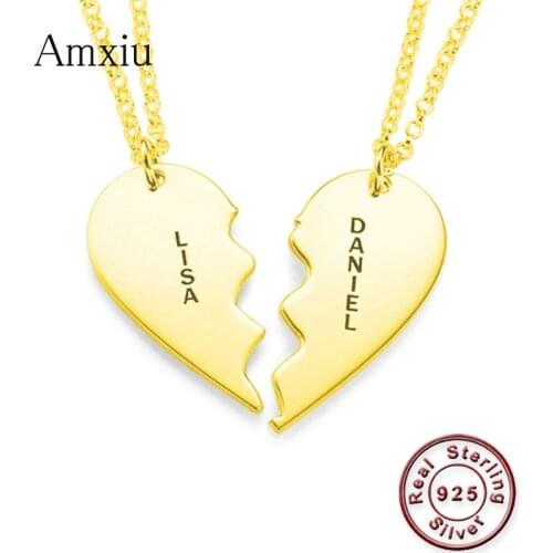 Amxiu Two Pieces Love Heart Necklace Personalized 925 Sterling Silver Name Necklace Engraved Two Names Necklaces For Lovers Gift