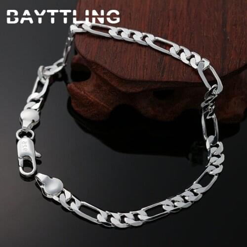 BAYTTLING 8 Inch 925 Sterling Silver 4MM/6MM Sideways Figaro Chain Bracelet For Woman Man Fashion Wedding Party Jewelry Gift