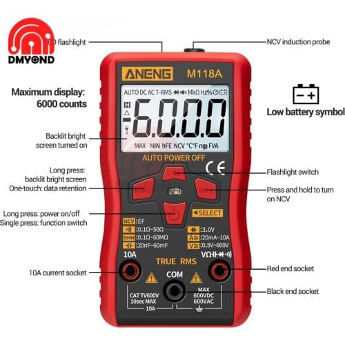 Digital Mini Multimeter AC DC Tester Auto Mmultimetro True Rms Tranistor Meter with NCV Data Hold 6000counts Flashlight M118A