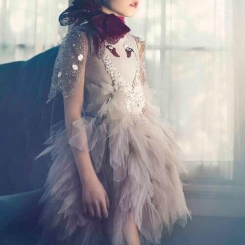 Swan Beading Mesh Tutu Dress Wedding Dresses Kids Evening Birthday Party Princess Dress