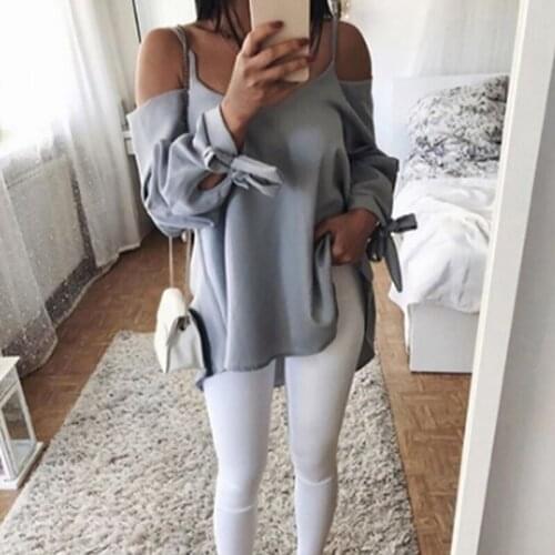 Womens New Summer Straight Cylinder Type Temperament Commuting Sexy Suspender V-neck Loose Long Sleeve Shirt Europe And America