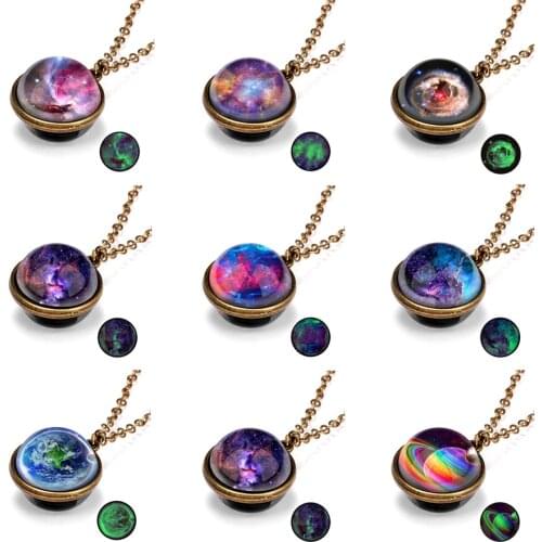 Personality Universe Planet Double Side Glass Ball Necklace Glow In the Dark Women Men Galaxy Nebula Pendant Necklaces Jewelry