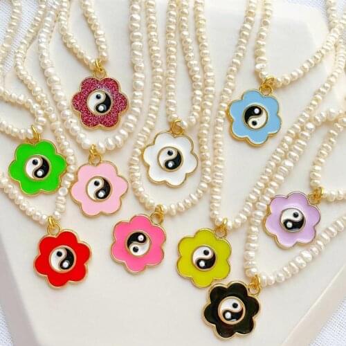 INS Trendy Multicolor Glazed Flowers Yinyang Charms Pearl Choker Necklace Jewelry Multilayer Pearls Beaded Collar Party Jewelry