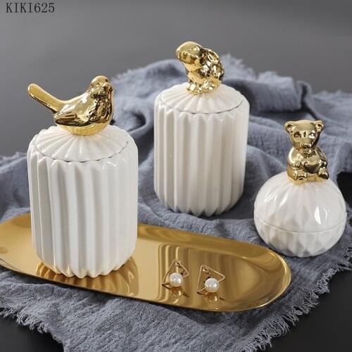 French White Ceramic Storage Jar Metal Animal Cotton Swab Jewelry Box with Lid Home Candy Snack Tea Sealed Jar Home Decoration