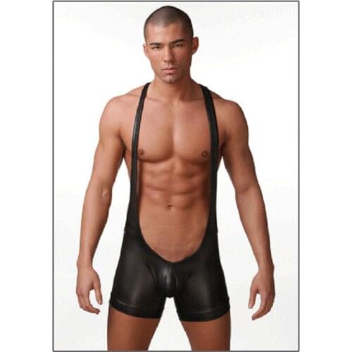 Faux Leather Patent Leather Sexy Men Conjoined Clothe Overalls Wrestling Pants Sexy Nightclub Hollow Out Sex Appeal Nightclothes