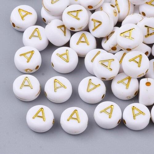 LBEADS About 3600pcs/500g Letter A-Z Plating Acrylic Beads White Flat Round Golden Metal Enlaced DIY Handmade Accessories