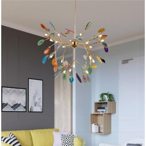 American Country Creative Branch Chandeliers Natural Agate Color Led Chandelier Living Room Bedroom Home Decor Kitchen Fixtures