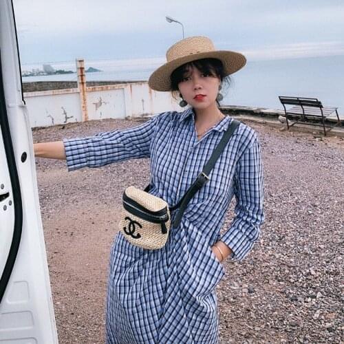 Miss Chen season small dress shirt inner dress blue plaid shirt dress holiday dress 0711