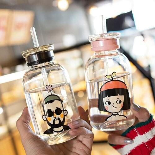 Mason Jar Mugs with Straws Cartoon design creative glass cup couple drinking glass straw glass to send friends creative gifts