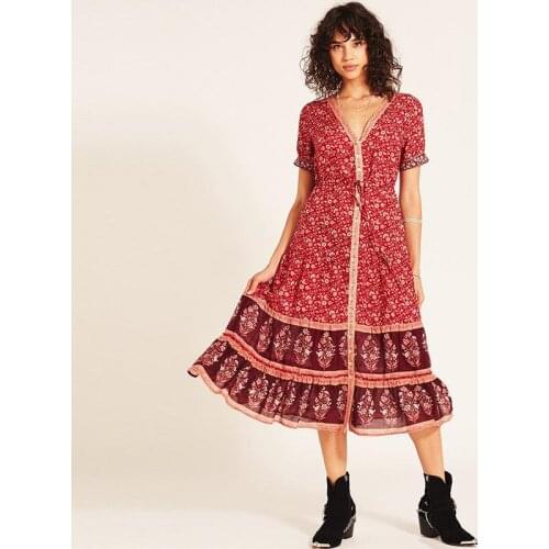 Boho Loose Dress Summer Style Folk Floral Print Tropical Holiday Beach Dress V-Neck Short Sleeve Sundress