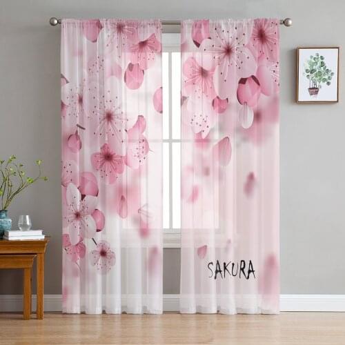 Cherry Blossom Sakura Pink Flower Sheer Curtains for Living Room Kitchen Tulle for Windows Voile Yarn Curtains for Bedroom