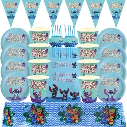 Disney Stitch Themed Birthday Party Decorations Paper Plates Cups Flag Tablecloth Disposable Tableware Set Baby Shower Supplies
