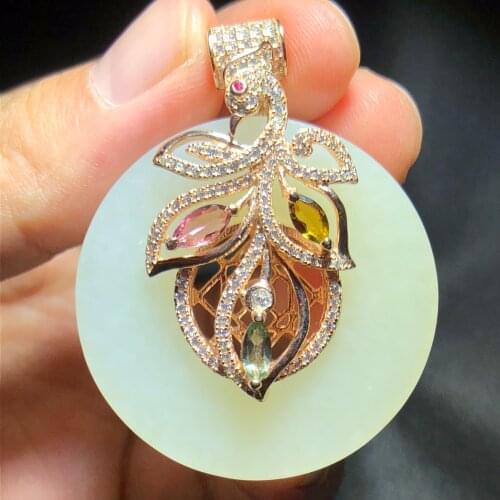 On Sale Real 925 Steling Silver s925 Myanmer Origin 100% Natural Jade Tourmaline Females Pendant Necklaces Christmas Gift