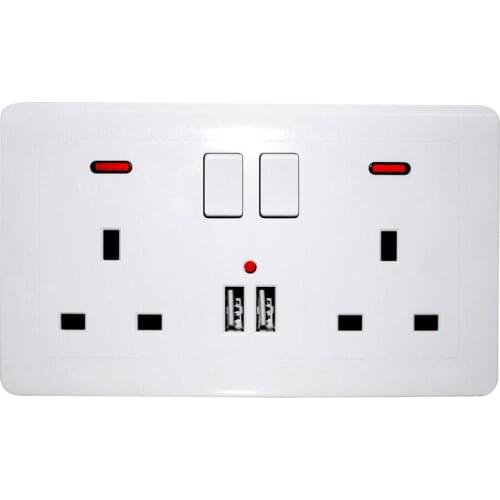 UK Plug 146 Wall Socket AC Electrical Power Plug Outlet With Built-in 2 USB 2.1A Charger Dual Switches 13A 250V LED Indicator