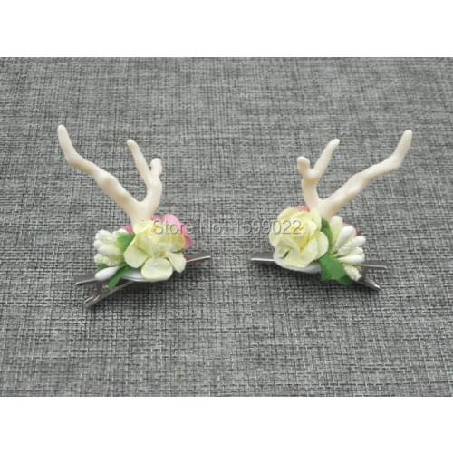 2pcs/set Handmade Cute Deer Antler Hair Clips Flower Horn Headpiece Farm Animal Birthday Party Supplies Photo Shoot Accessories