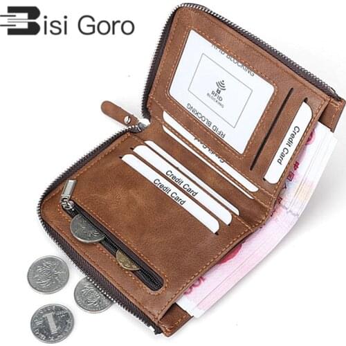 BISI GORO Short Wallet Men Genuine Leather Wallet Male Top Men Thin Mini Wallet for Cards Purse for Coins Zipper Wallet Small
