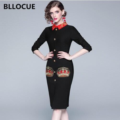 BLLOCUE High Quality 2019 Autumn Winter Crown Embroidery Midi Dress Women Wrist Sleeve Vintage Slim Split Pencil Dress
