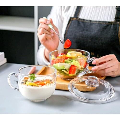 Large Capacity Glass Oatmeal Breakfast Bowl Household Water Cup with Lid Fruit Salad Milk Bowl Kitchen Food Storage Container