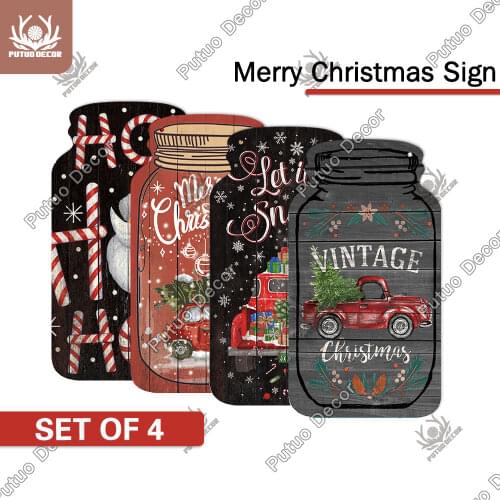 Putuo Decor 4PCS Merry Christmas Signs Mason Jar Wood Plaque Hanging Signs Wooden Plate Home Decor Gnome Wall Decoration Gifts