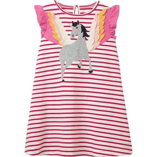 Kids Dress, Girls Stripe Horse Print Round Neck Fly Sleeve One-Piece for Summer, Pink, 0-7 Years