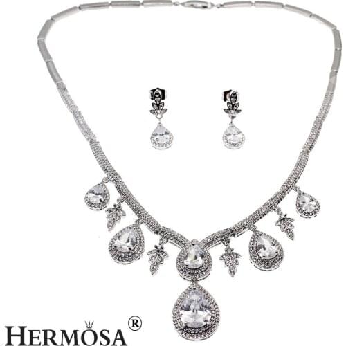 Hermosa Graceful Gift Women Party Sets Silver Color Choker Necklace Earrings Bridal Wedding Jewelry Set TZ400