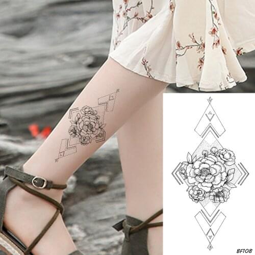 Pencil Sketch Temporary Women Black Tattoo Geometric Floral Arm Art Tattoo Stickers Triangle Lotus Bracelet Fake Tatoos 3D Ankle
