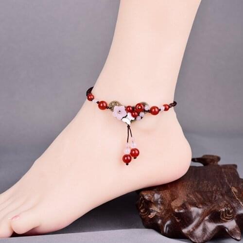Chinoiserie Ancient Palace Fashion Jewelry Temperamental Red Onyx Beads Pendant Vintage Cloisonne Butterfly Flower Anklets