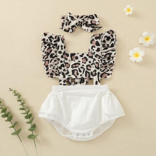 Baby Girls 2Pcs Summer Outfits Cute Ruffle Sleeve Backless Leopard Romper with Headband Set Baby Clothing 2021