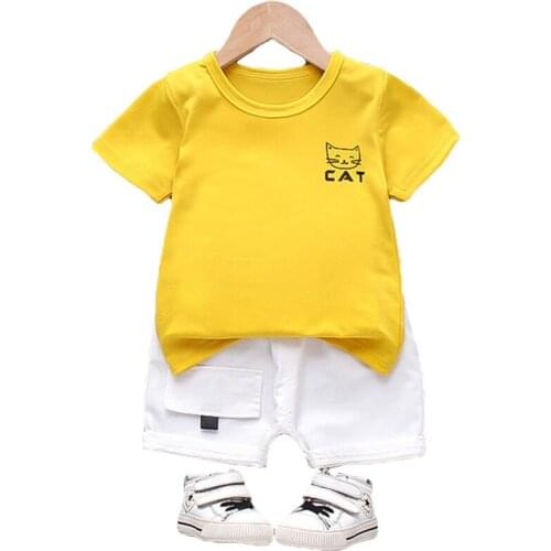 Summer Baby Boy Set Kids Cartoon Cat Creativity T-Shirt + Shorts Casual Wear For Baby Girl Suit 0-4 Years Old