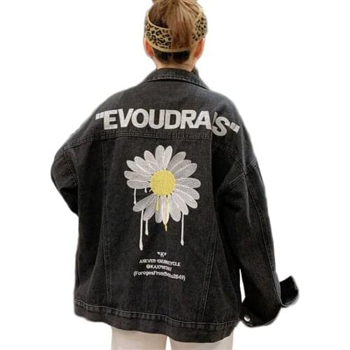 New Women Denim Jacket Korean Loose Embroidery BF Fashion Basic Jackets Spring Autumn Bomber Jackets Female Overalls Black 80kg