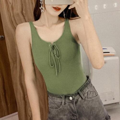 Summer Women Ribbed Sleeveless Scoop Neck Front Drawstring Knit Tank Top Sexy Female Bottoming Vest Club Girls Slim Thin Camis