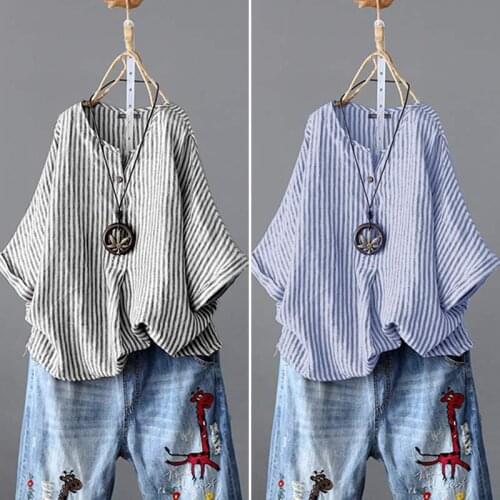 ZANZEA 2021 Fashion Summer Shirts Womens Striped Blouse Casual V Neck Work Blusas Female Short Sleeve Tops Tunic